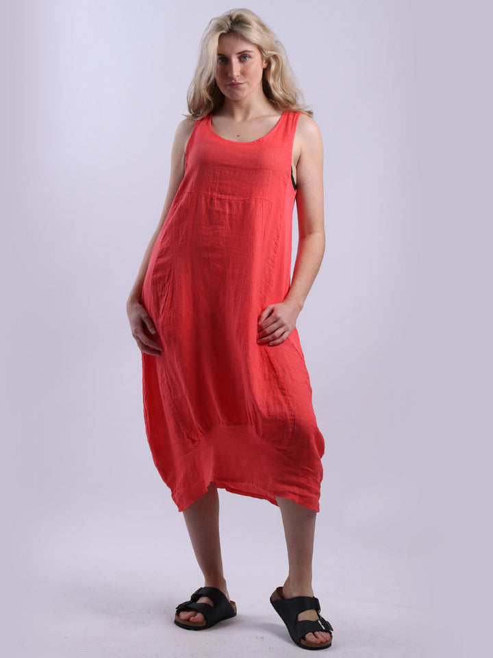Plain Linen Dress-Coral