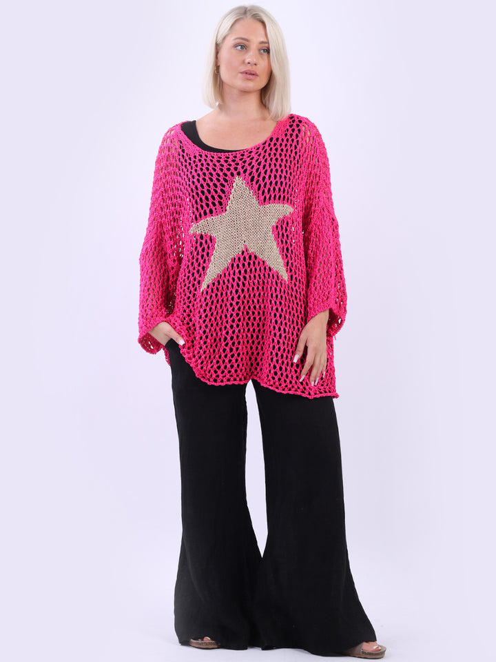 Sassy Star Knit Crochet Cover Up Top Fuchsia