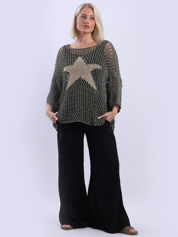 Sassy Star Knit Crochet Cover Up Top Khaki