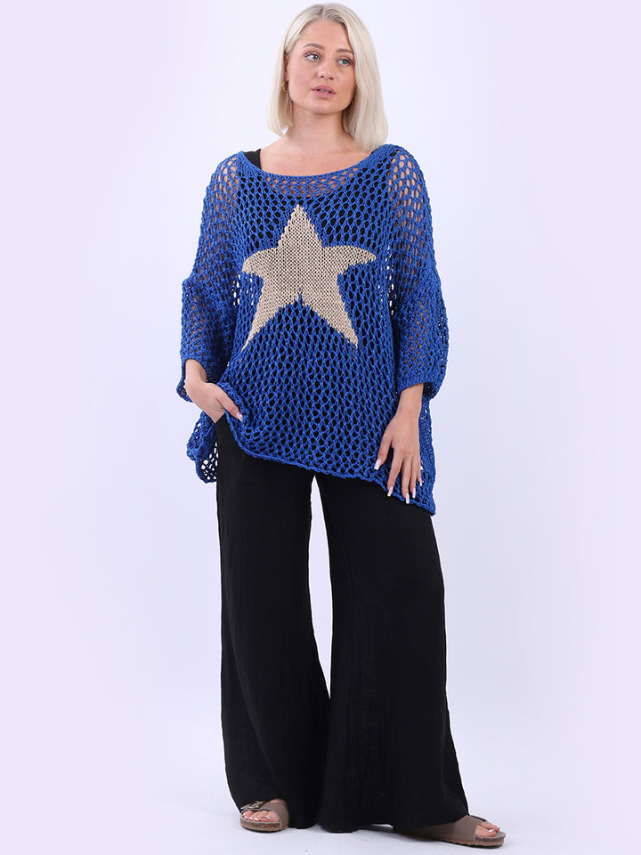 Sassy Star Knit Crochet Cover Up Top Royal Blue