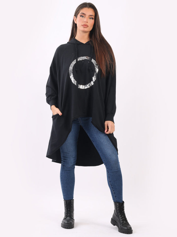 Sequin Hooded Cotton Dress Black