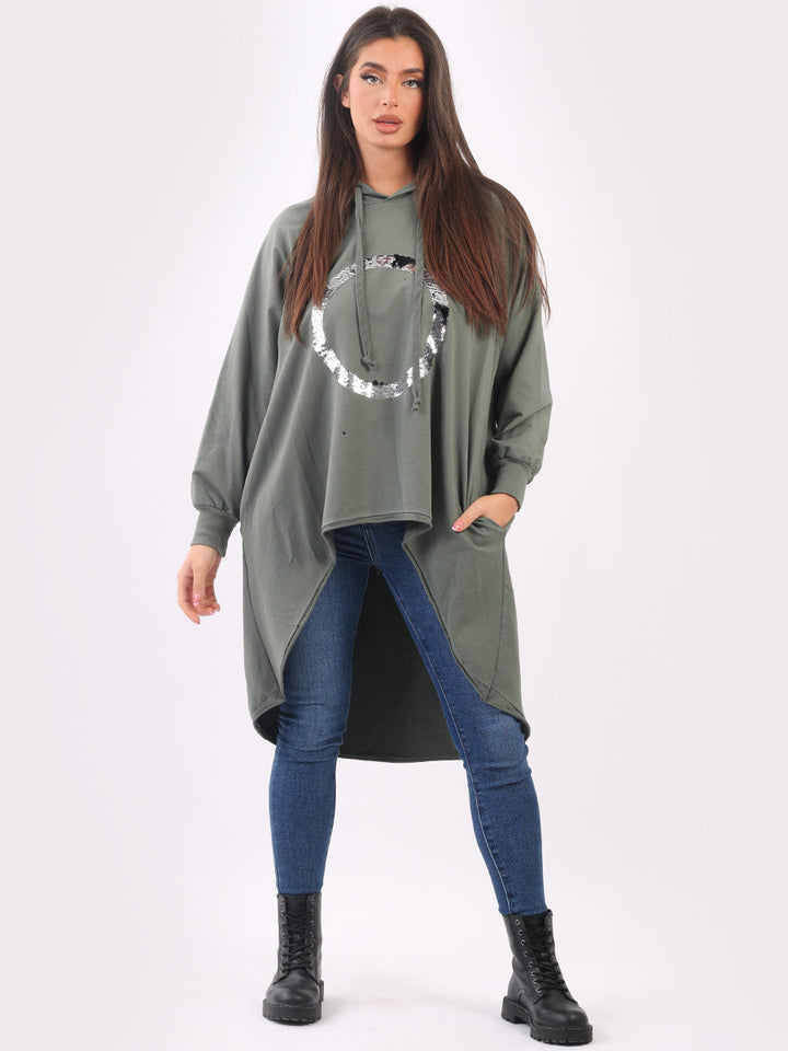 Sequin Hooded Cotton Dress Khaki
