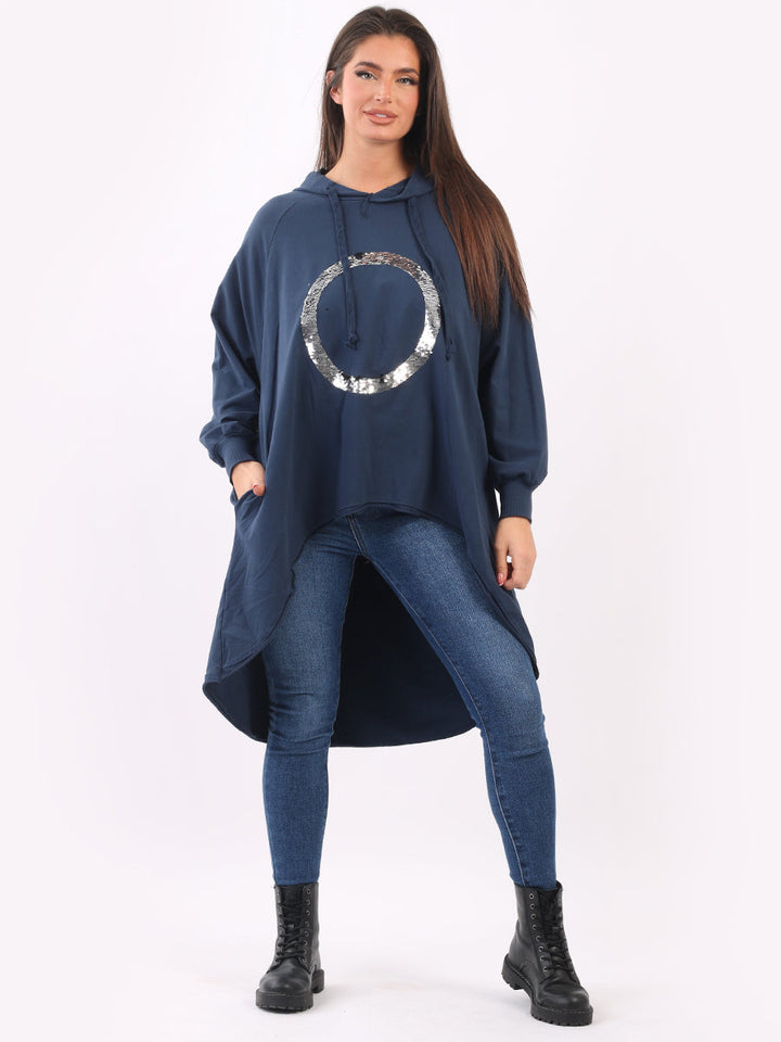 Sequin Hooded Cotton Dress Navy