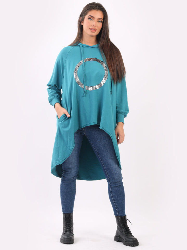 Sequin Hooded Cotton Dress Teal