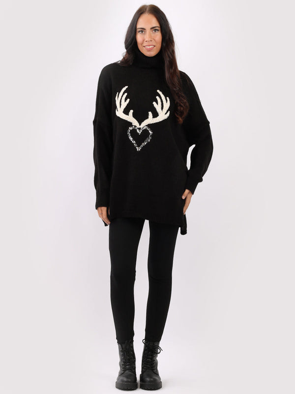 Reindeer Christmas Woolen Knit Jumper Black