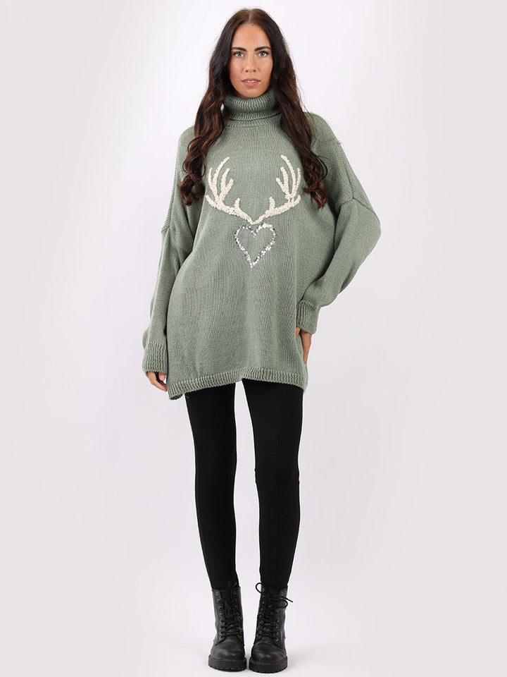Reindeer Christmas Woolen Knit Jumper Khaki