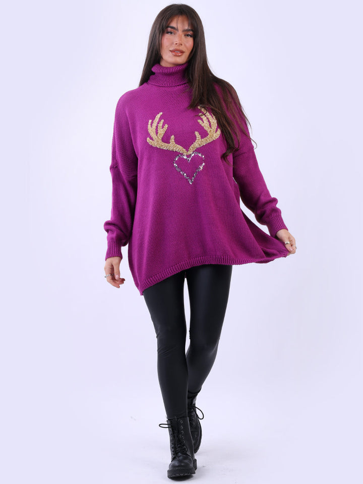Reindeer Christmas Woolen Knit Jumper Magenta