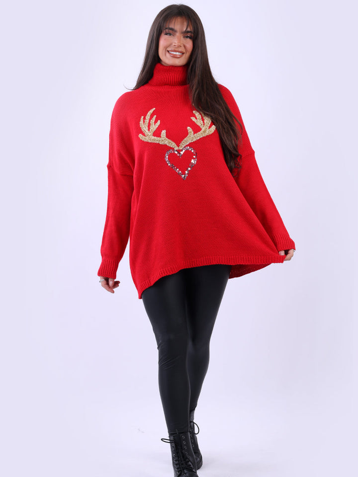 Reindeer Christmas Woolen Knit Jumper Red