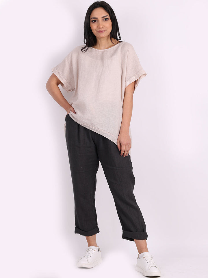 Italian Sequin Hem High Low Lagenlook Linen Top