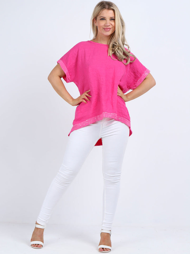 Italian Sequin Hem High Low Lagenlook Linen Top