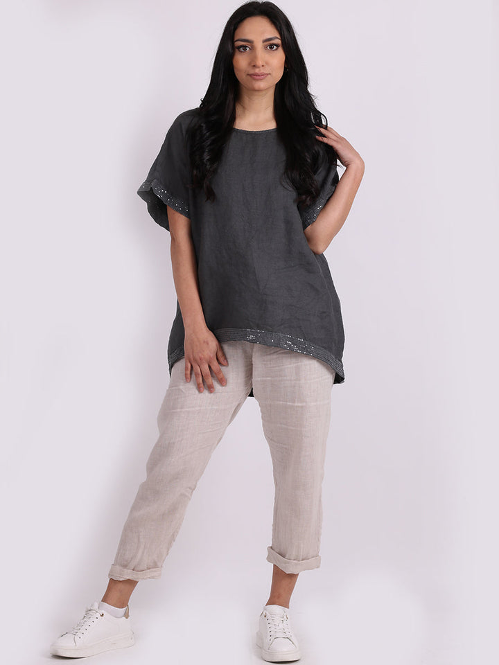 Italian Sequin Hem High Low Lagenlook Linen Top