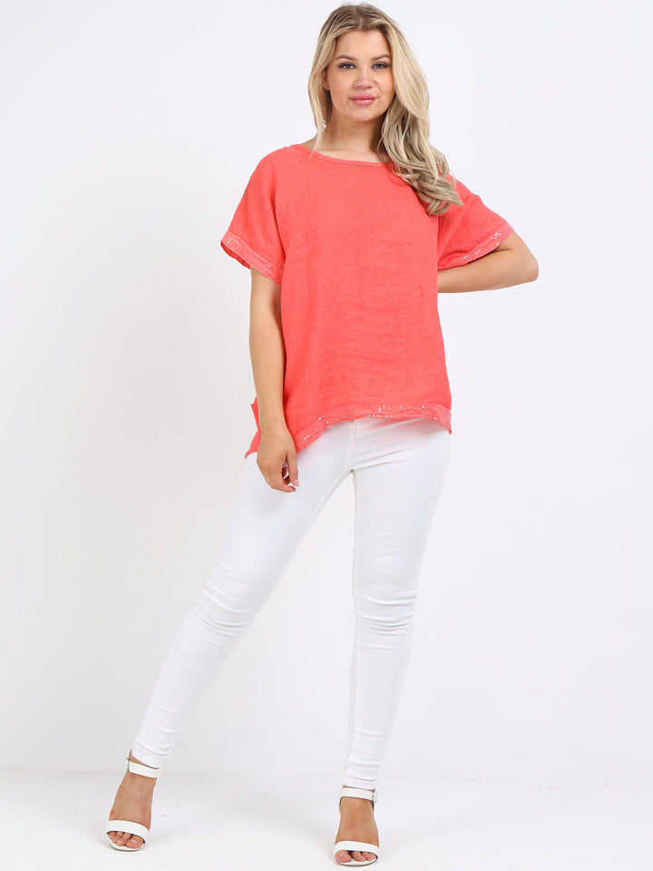 Italian Sequin Hem High Low Lagenlook Linen Top