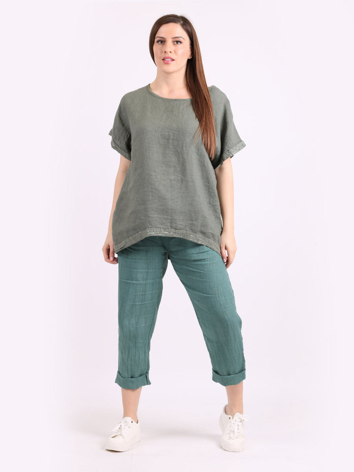 Italian Sequin Hem High Low Lagenlook Linen Top