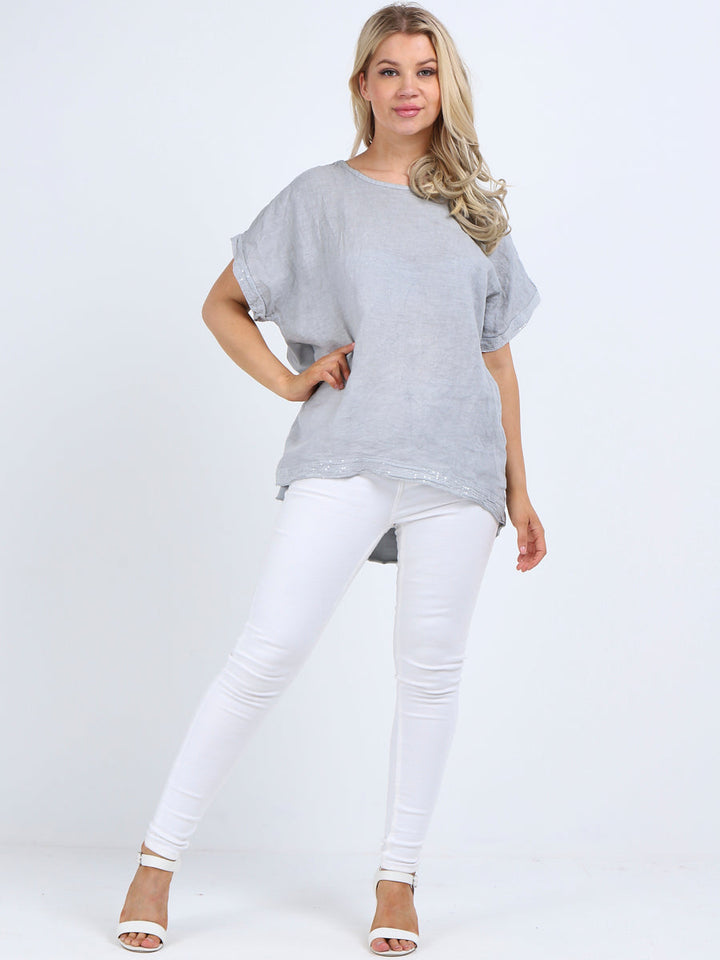 Italian Sequin Hem High Low Lagenlook Linen Top