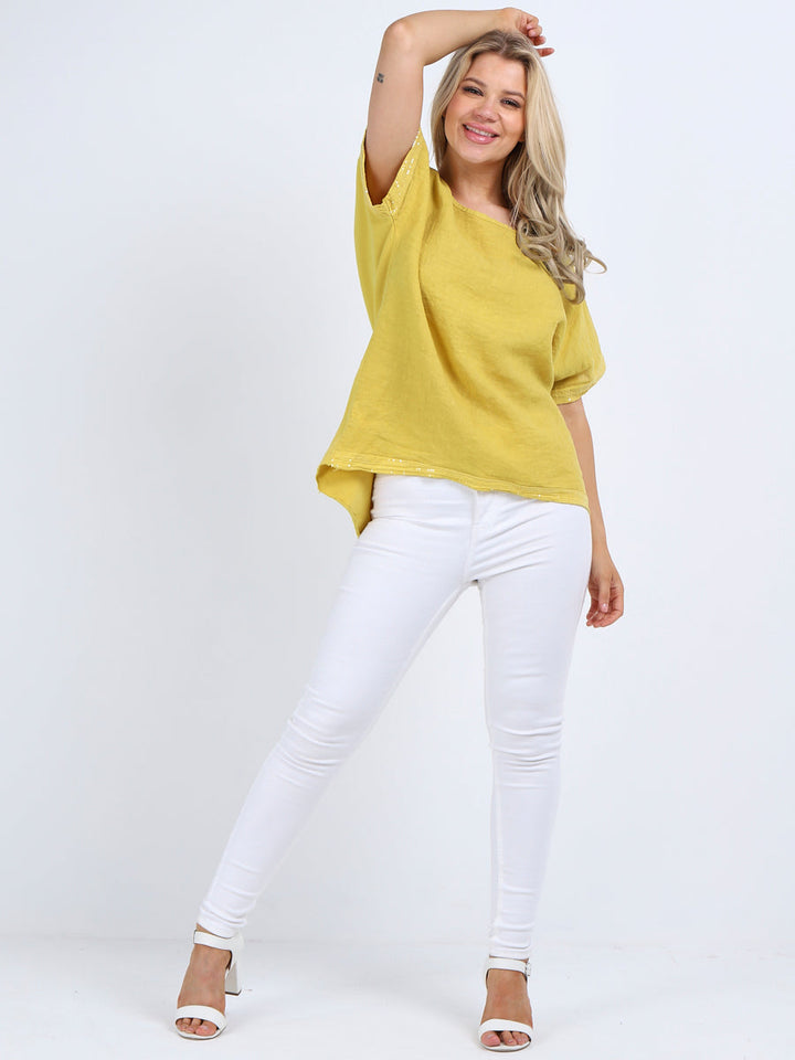 Italian Sequin Hem High Low Lagenlook Linen Top