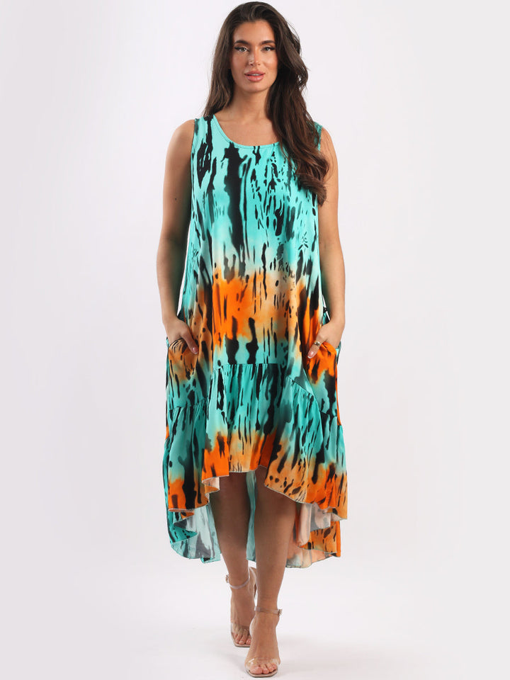 Sleeveless Digital Tie Dye Tank Dress Aqua