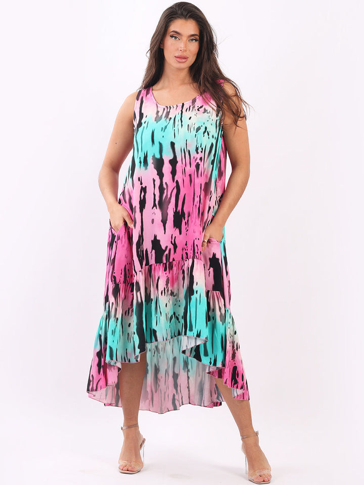 Sleeveless Digital Tie Dye Tank Dress Fuchsia