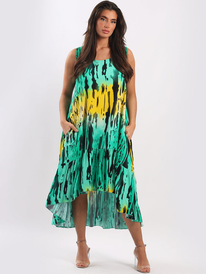 Sleeveless Digital Tie Dye Tank Dress Green