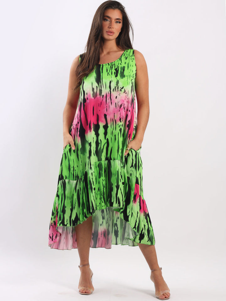 Sleeveless Digital Tie Dye Tank Dress Lime Green