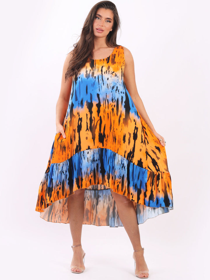 Sleeveless Digital Tie Dye Tank Dress Orange