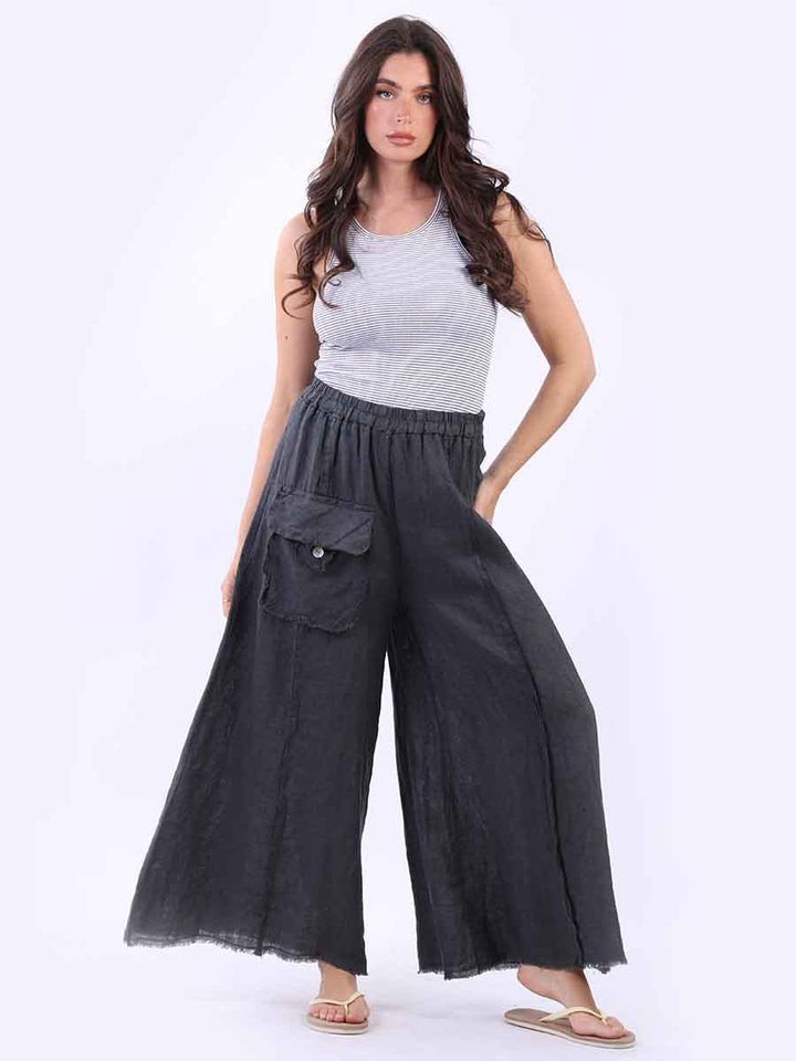 Italian Solid Linen Palazzo Charcoal