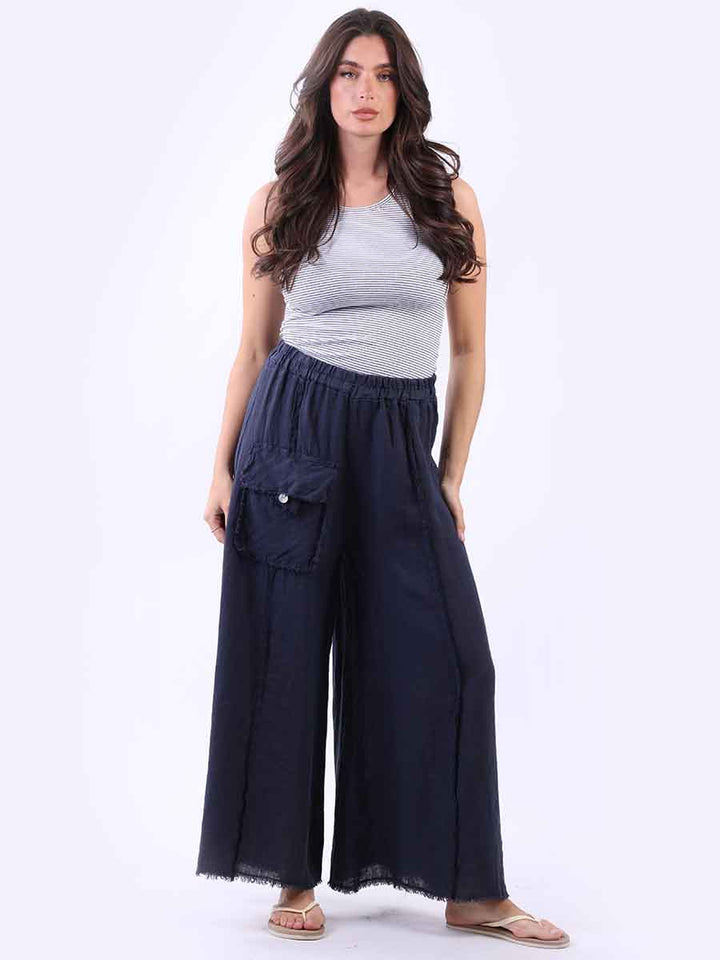 Italian Solid Linen Palazzo Navy