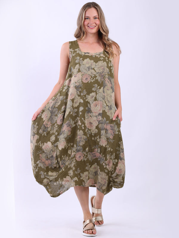 Italian Square Neck Floral Print Sleeveless Linen Dress