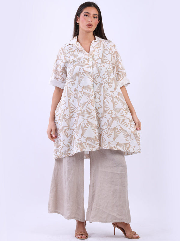 Star Print Linen Shirt Dress Beige