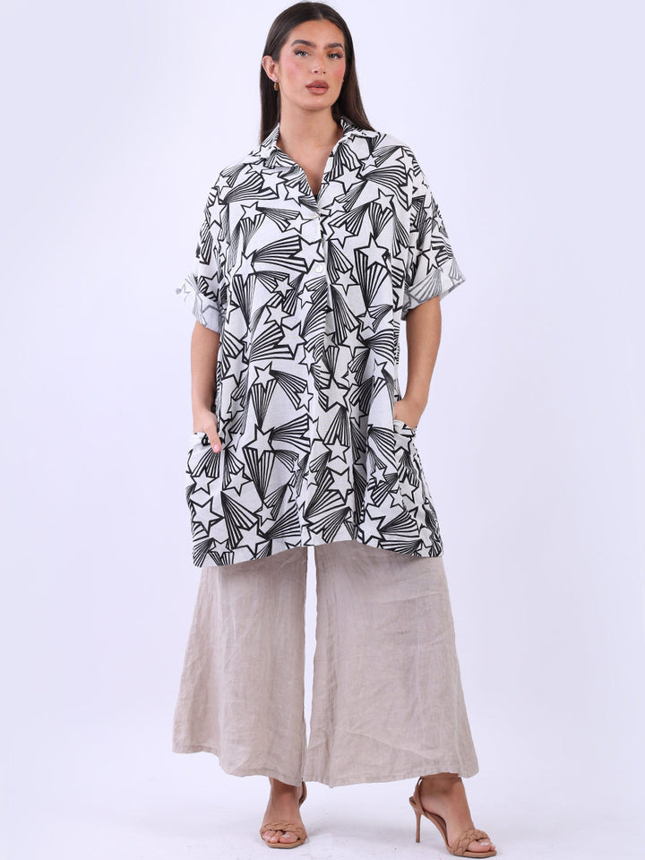 Star Print Linen Shirt Dress Black