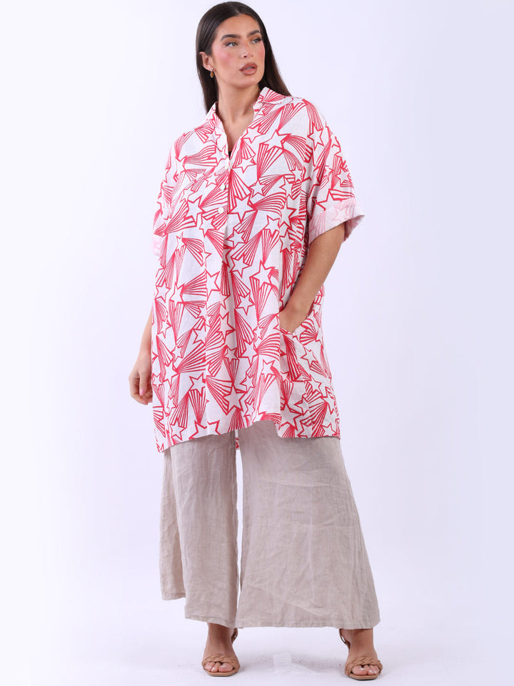 Star Print Linen Shirt Dress Coral