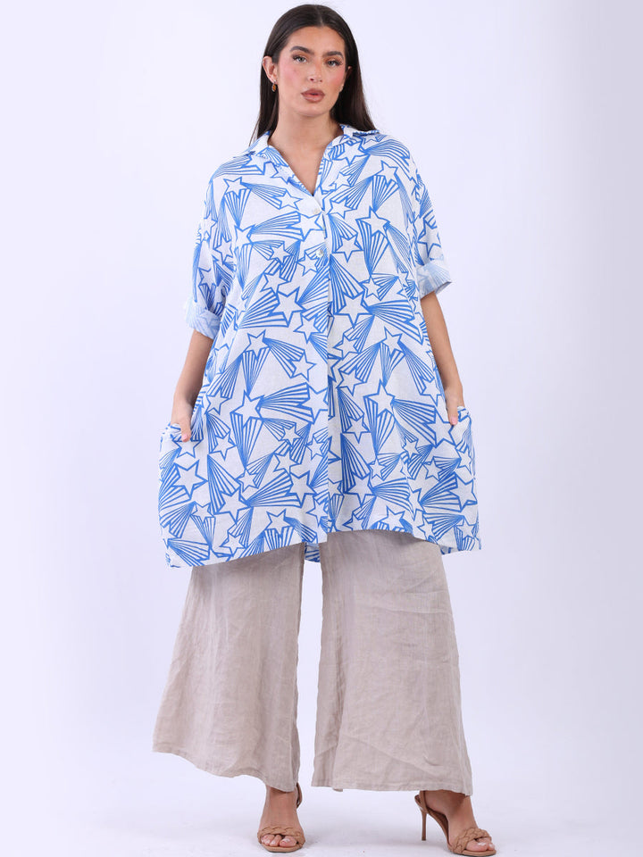 Star Print Linen Shirt Dress Royal Blue