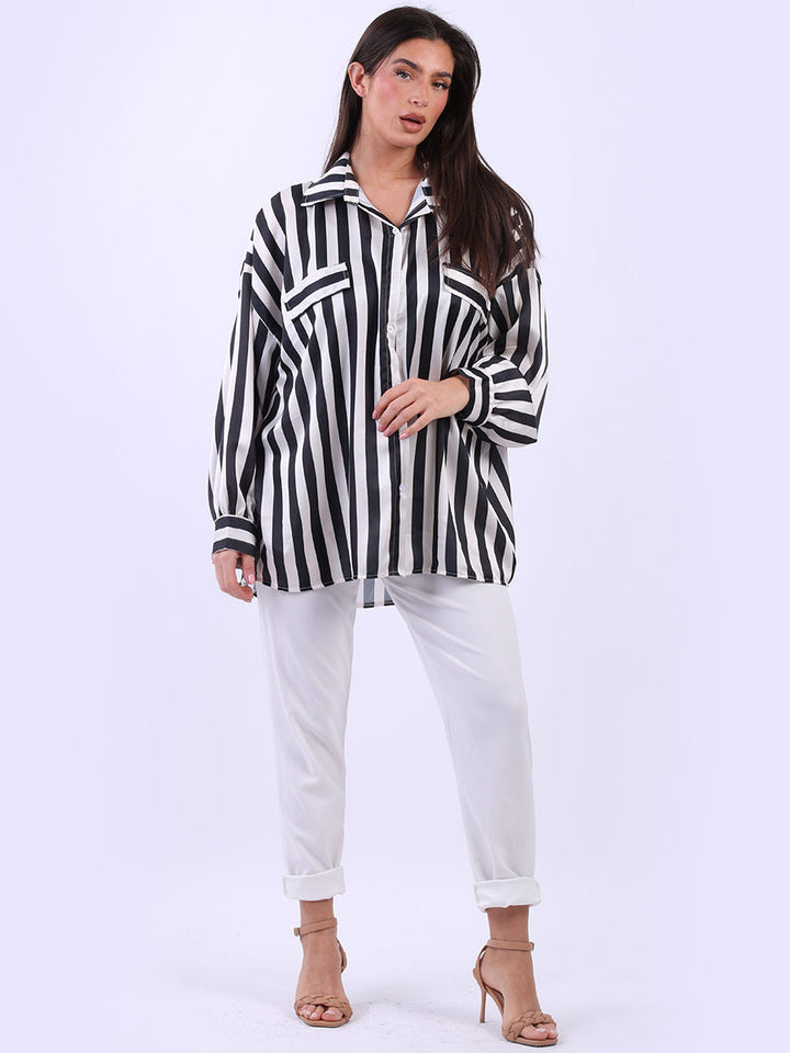 Stripy Button Down Cotton Shirt Black