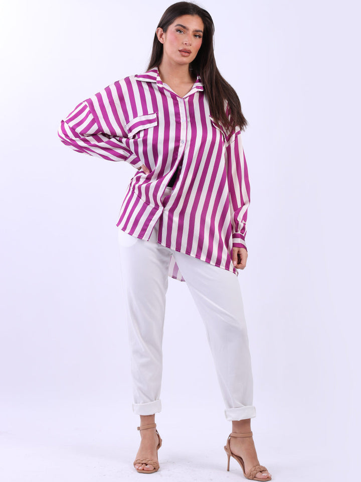 Stripy Button Down Cotton Shirt Magenta