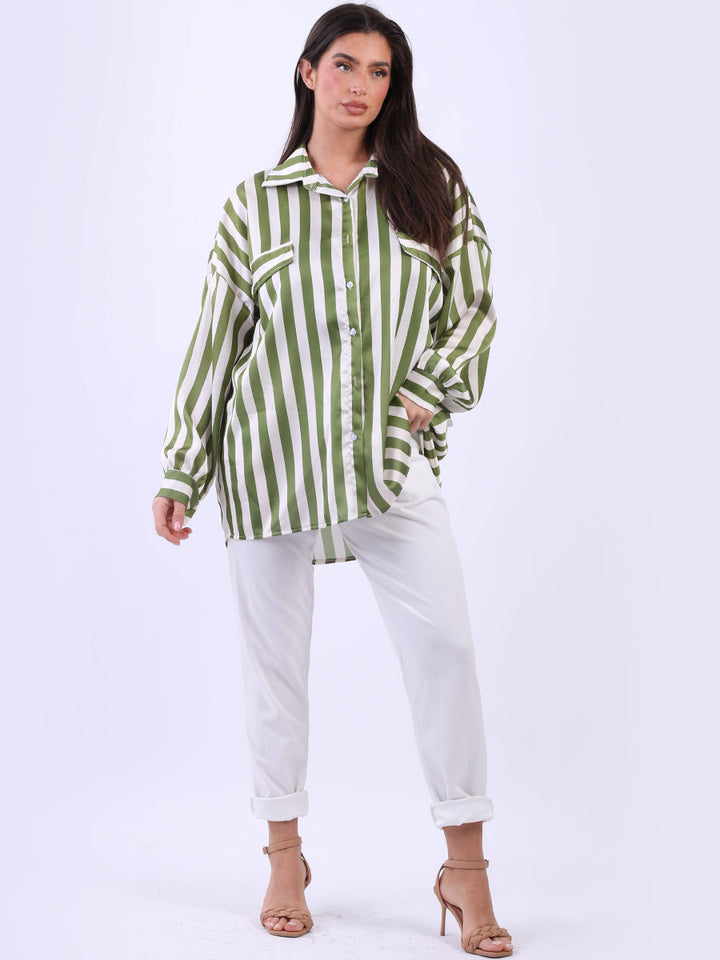 Stripy Button Down Cotton Shirt Olive