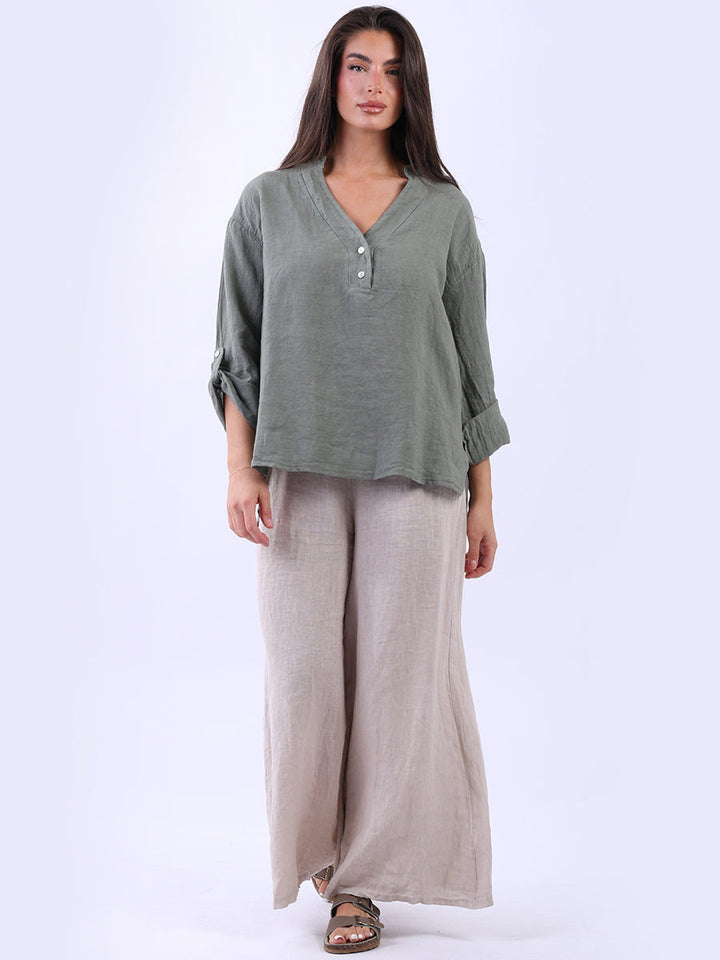 Italian Linen Baggy Top Khaki