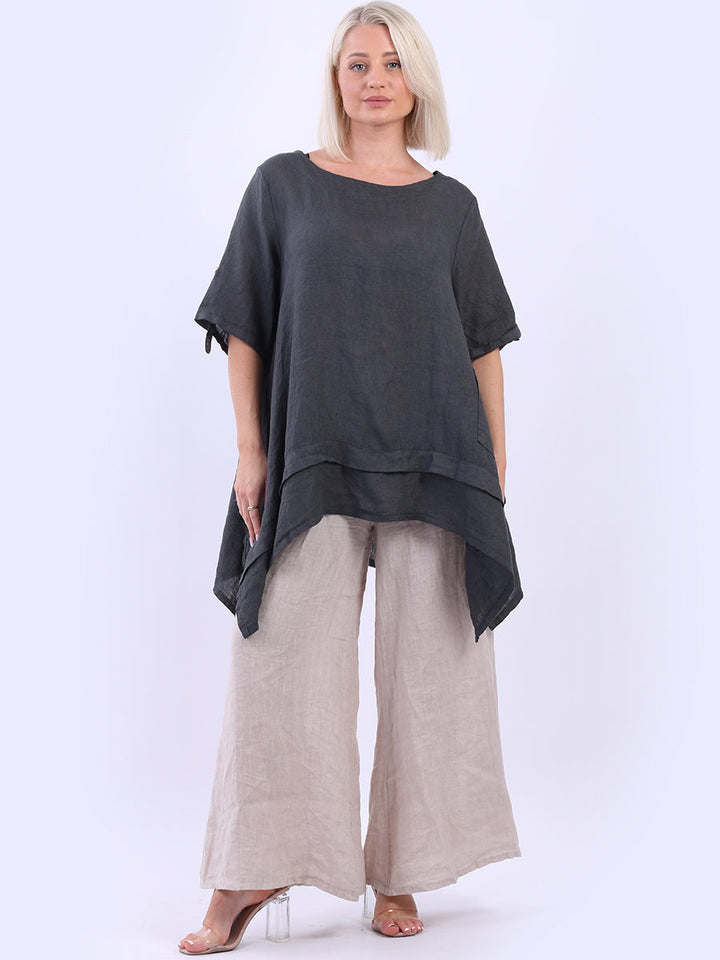 Plain Linen Tunic Top Charcoal