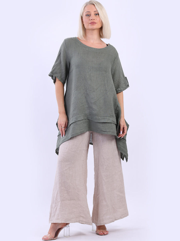 Plain Linen Tunic Top Khaki