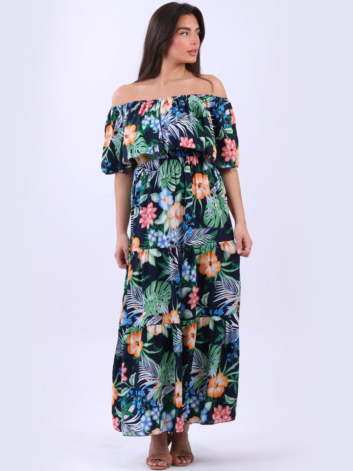 Tropical Print Tiered Maxi Dress Navy