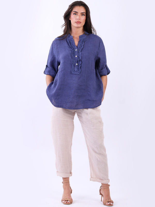 Italian Vintage Wash Ruffle Buttoned Placket Baggy Linen Tunic Top