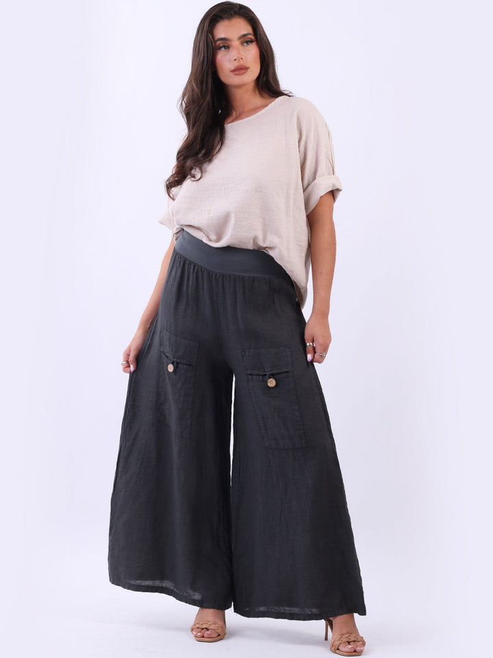Vintage Wash Linen Wide Leg Palazzo Charcoal