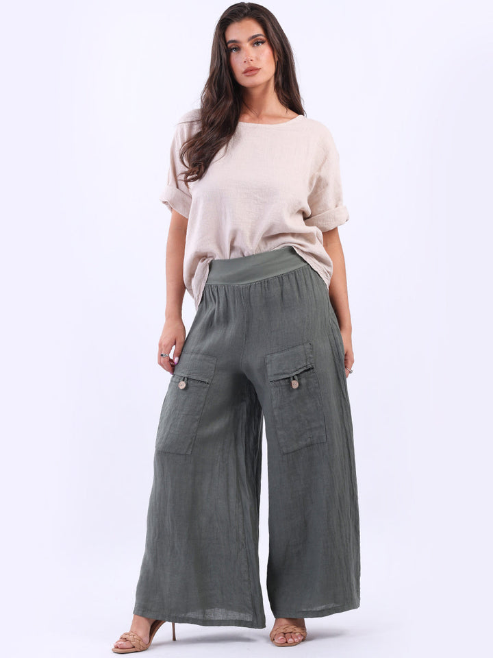 Vintage Wash Linen Wide Leg Palazzo Khaki