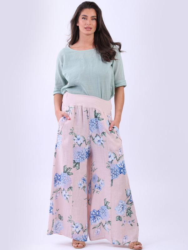 Italian Wide Leg Linen Floral Palazzo Pant