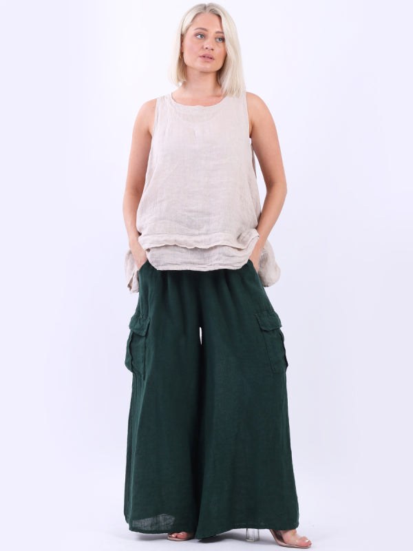 Wide Leg Linen Pant Bottle Green