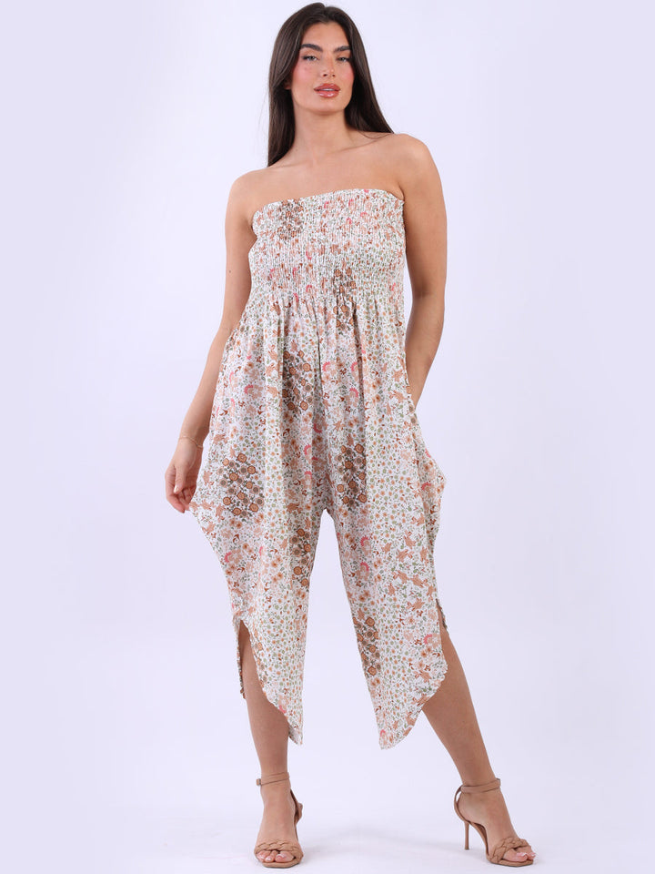  Smocked Floral Tube Jumpsuit Beige