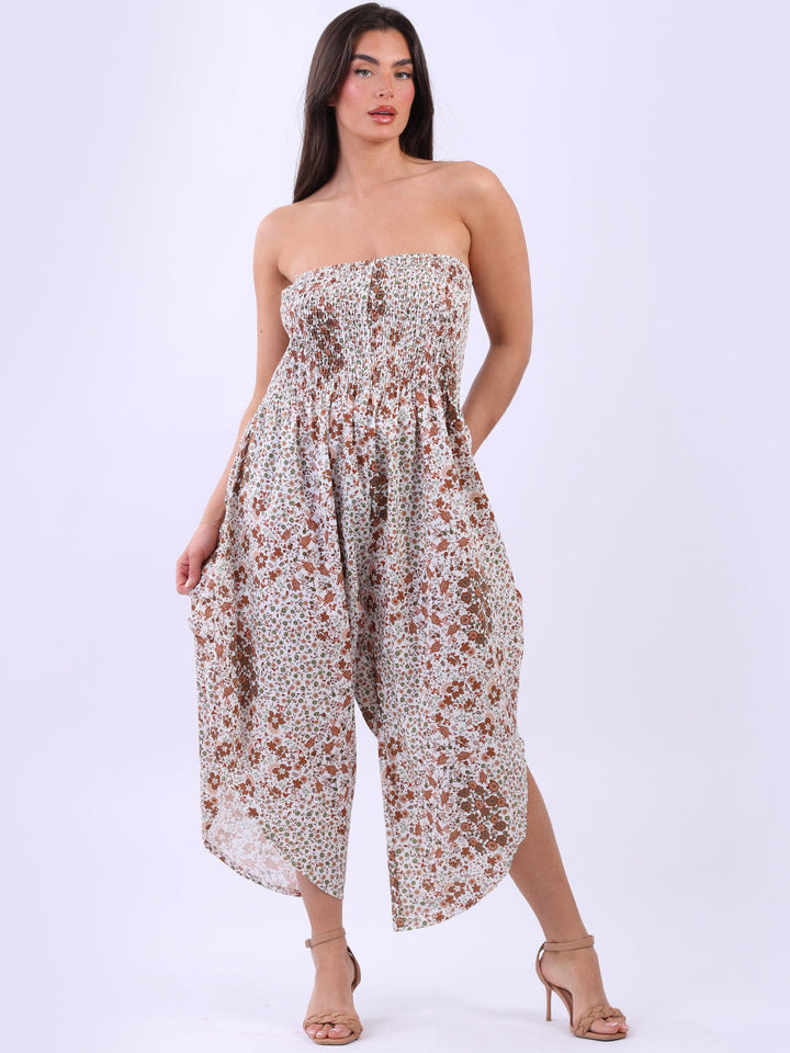  Smocked Floral Tube Jumpsuit Chocolate