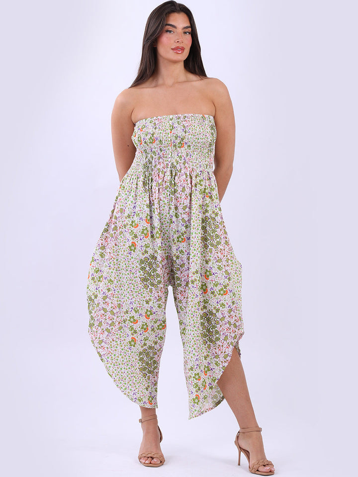  Smocked Floral Tube Jumpsuit Green