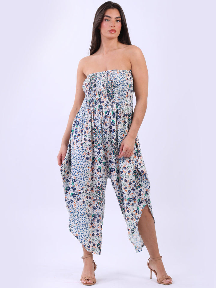  Smocked Floral Tube Jumpsuit Navy