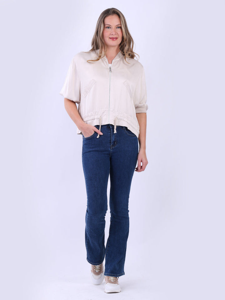 Collarless Plain Crop Jacket Beige