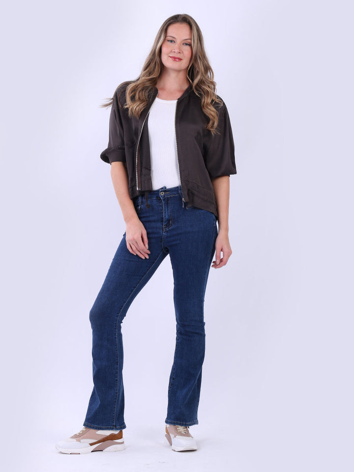 Collarless Plain Crop Jacket Chocolate