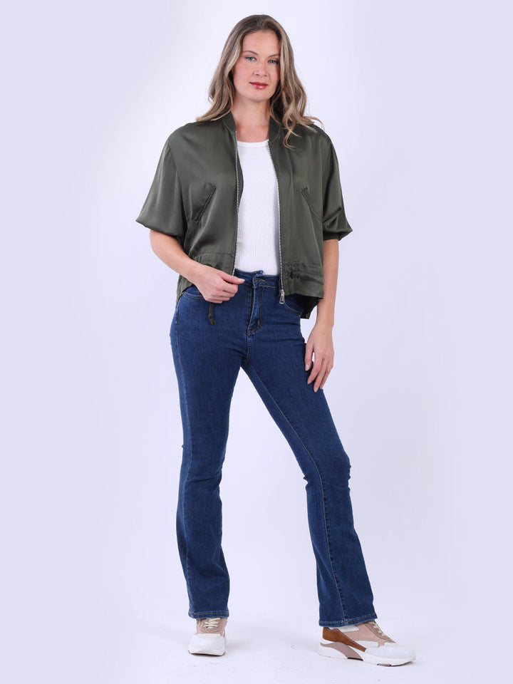 Collarless Plain Crop Jacket Khaki
